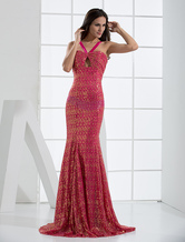 Mermaid V-Neck Floor-Length Fuchsia Lace Sequin Prom Dress 