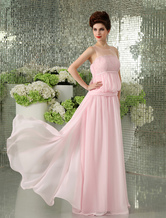 A-line Jewel Neck Floor-Length Pink Chiffon Lace Evening Dress  Milanoo