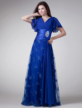 Ball Gown V-Neck Floor-Length Royal Blue Chiffon Rhinestone Evening Dress 