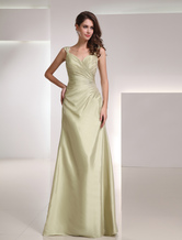 Sheath Straps Neck Floor-Length Sage Taffeta Ruched Dress For Mother of the Bride 
