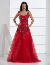 A-line Straps Floor-Length Red Organza Satin AProm Dress 