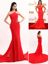 One Shoulder Red Sofia Vergara Sweep Chiffon Emmy Awards Dress