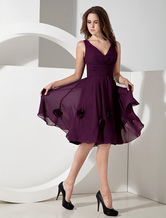 A-line V-Neck Knee-Length Grape Chiffon Bridesmaid Dress 