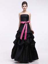 Princess Silhouette Strapless Floor-Length Black Taffeta Ruffles Prom Dress 