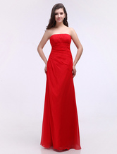 Sheath Strapless Floor-Length Red Elastic Woven Satin Chiffon Evening Dress 
