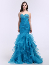Mermaid Sweep Blue Organza Satin Ruffles Studded Prom Dress 