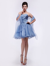 A-line Sweetheart Neck Short Light Sky Blue Organza Satin Beading Prom Dress 