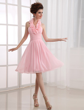 A-line Halter Knee-Length Pink Chiffon Dress For Bridesmaid 