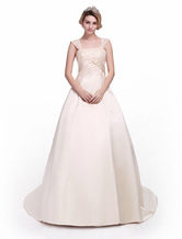 Ball Gown Off-The-Shoulder Cathedral Train Champagne Satin Embroidered Beading Bridal Dress 