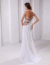 Sheath One-Shoulder Sweep White Chiffon Rhinestone Cut Out Prom Dress 
