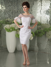 Sheath Jewel Neck Knee-Length White Lace Feather Cocktail Dress  Milanoo