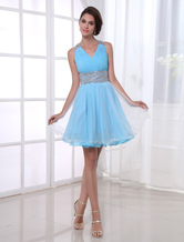 A-line V-Neck Short Light Sky Blue Net Sequin Beading Prom Dress 