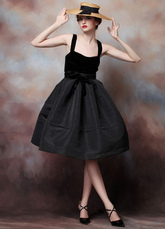 A-line Straps Neck Knee-Length Black Satin Tulle Cocktail Dress 