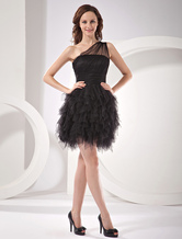 Empire Waist One-Shoulder Short Black Net Tiered Cocktail Dress 