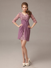 A-line V-Neck Knee-Length Lilac Chiffon Lace Dress For Mother of the Bride 