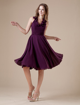 A-line V-Neck Knee-Length Grape Chiffon Ruched Homecoming Dress 