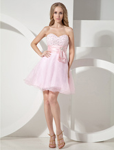 A-line Sweetheart Neck Short Pink Organza Bow Beading Prom Dress 