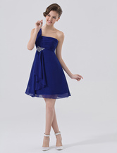A-line One-Shoulder Royal Blue Chiffon Matte Satin Homecoming Dress 