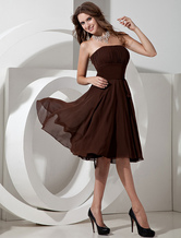 A-line Strapless Knee-Length Chocolate Chiffon Bow Dress For Bridesmaid 