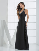 A-line V-Neck Floor-Length Black Chiffon Beading Dress For Bridesmaid 