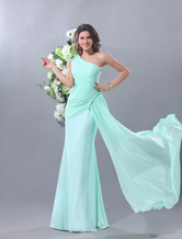A-line One-Shoulder Floor-Length Green Chiffon Pleated Prom Dress  Milanoo