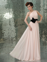 A-line One-Shoulder Floor-Length Pink Chiffon Sash Knotted Evening Dress 