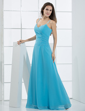 A-line V-Neck Floor-Length Blue Satin Chiffon Beading Evening Dress 