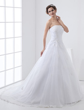 A-line Strapless Chapel Train White Satin Applique Wedding Gown 