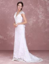 A-line V-Neck Floor-Length White Lace Beading Sash Dress For Bride 