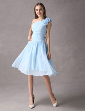 A-line One-Shoulder Knee-Length Light Sky Blue Chiffon Pleated Bridesmaid Dress 