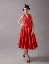 A-line V-Neck Tea-Length Red Elastic Woven Satin Grommets Cocktail Dress 