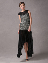 Sheath Asymmetrical Black Lace Elastic Woven Satin Lace Evening Dress  Milanoo
