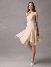 A-line Strapless Champagne Chiffon Elastic Woven Satin Cocktail Dress 