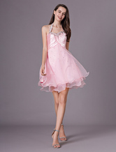 A-line Halter Short Pink Tulle Beading Homecoming Dress 