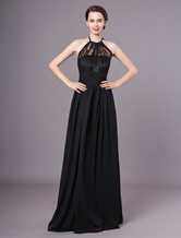 A-line Halter Floor-Length Black Chiffon Lace Evening Dress 