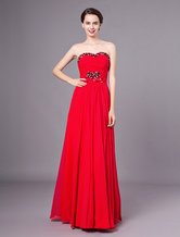 Empire Waist Strapless Floor-Length Red Satin Chiffon Sequin Evening Dress 
