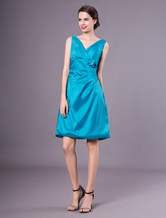 A-line V-Neck Knee-Length Blue Taffeta Pleated Bridesmaid Dress 