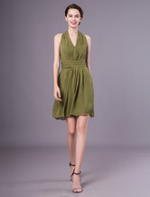 A-line V-Neck Knee-Length Green Chiffon Pleated Dress For Bridesmaid 