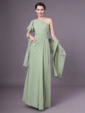 A-line One-Shoulder Floor-Length Sage Net Chiffon Prom Dress 