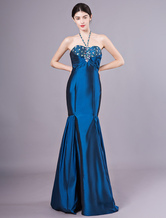 Mermaid Halter Floor-Length Royal Blue Satin Rhinestone Beading Prom Dress 