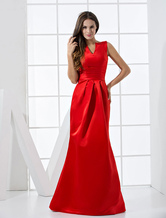 A-line V-Neck Floor-Length Red Satin Evening Dress 