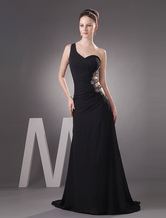 Sheath One-Shoulder Floor-Length Black Chiffon Cut Out Prom Dress 