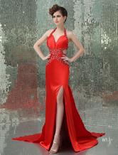 Sheath Halter Red Elastic Woven Satin Prom Dress 