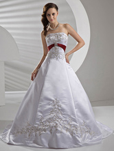 A-line Strapless Chapel Train White Satin Applique Bridal Dress 