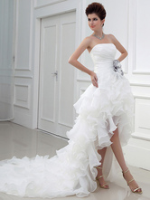 A-line Strapless Asymmetrical White Organza Tiered Wedding Gown 