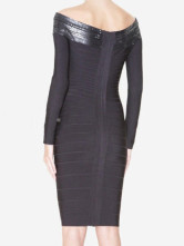 Noir à longues manches Off-The-épaule rayonne Viscose Nylon Spandex Womens parti robe