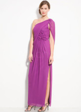 Lilac Chiffon One Shoulder Floor Length Flower Decoration Prom Dress