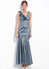 Charming Gray Elastic Woven Satin V-neck Flower Decoration Prom Dress