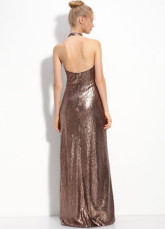 A-line Brown Lace Halter Floor Length Prom Dress