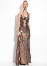 A-line Brown Lace Halter Floor Length Prom Dress